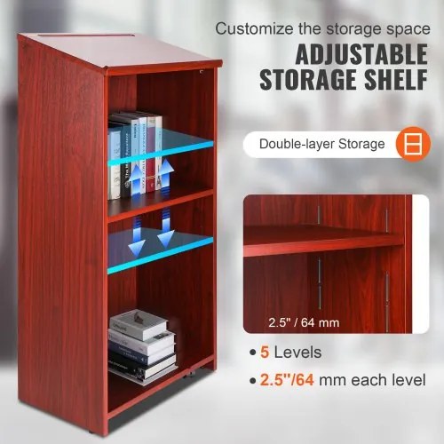 VEVOR Podium Stand, 47 in Hostess Stand with 4 Rolling Wheels, Wood Podium with Storage Shelves, and Slant Desktop, Lecterns &amp; Podiums for Church, Office, School, Home, Brown