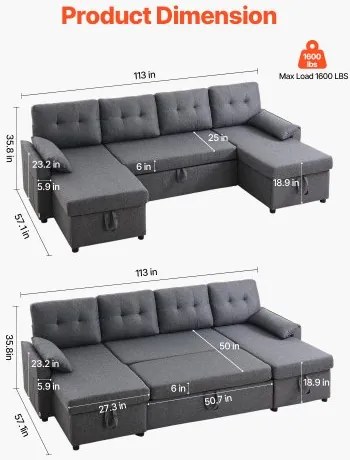 VEVOR U Shaped Sofa Bed 6-Seat Convertible Sleeper Sofa Bed Double Chaise Gray