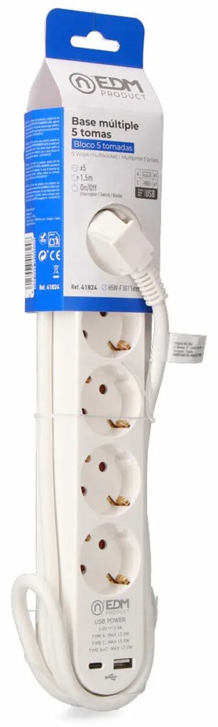 Πολύπριζο για Πρίζες 5 Θέσεων με Διακόπτη EDM 41824 Λευκό 3680 W 250 V (1,5 m)