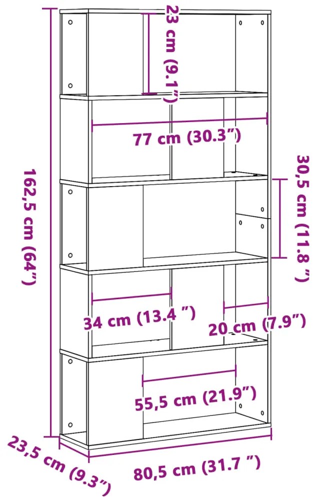 Βιβλιοθήκη 5 Επιπέδων Δρυς 80,5x23,5x162,5 εκ. Επεξεργ. Ξύλο - Καφέ