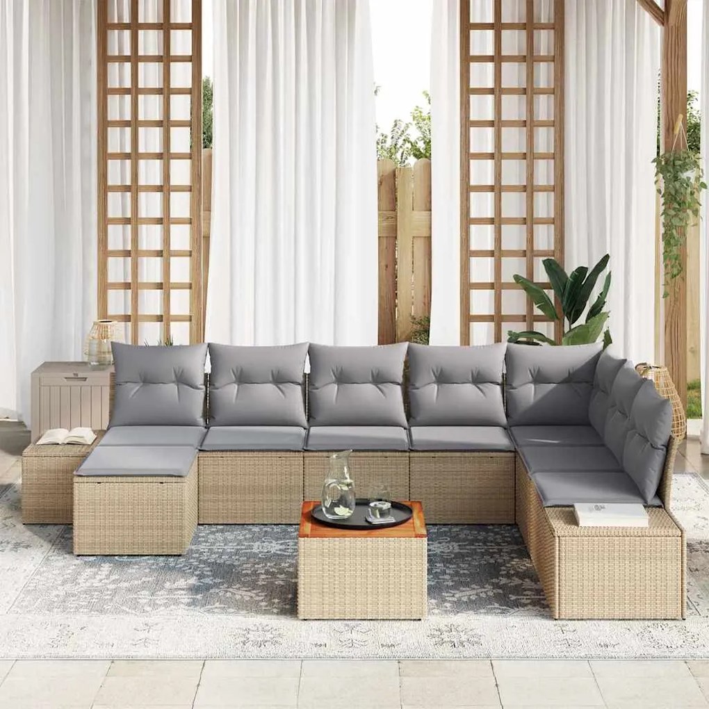 vidaXL Σετ Καναπέ Κήπου με μαξιλάρι 9 pcs Μπεζ Πολυ ράταν
