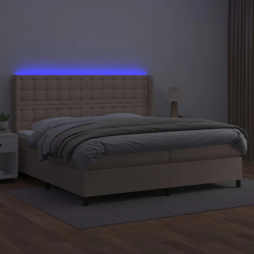 vidaXL Κρεβάτι Boxspring Στρώμα&LED Καπουτσίνο 200x200 εκ. Συνθ. Δέρμα