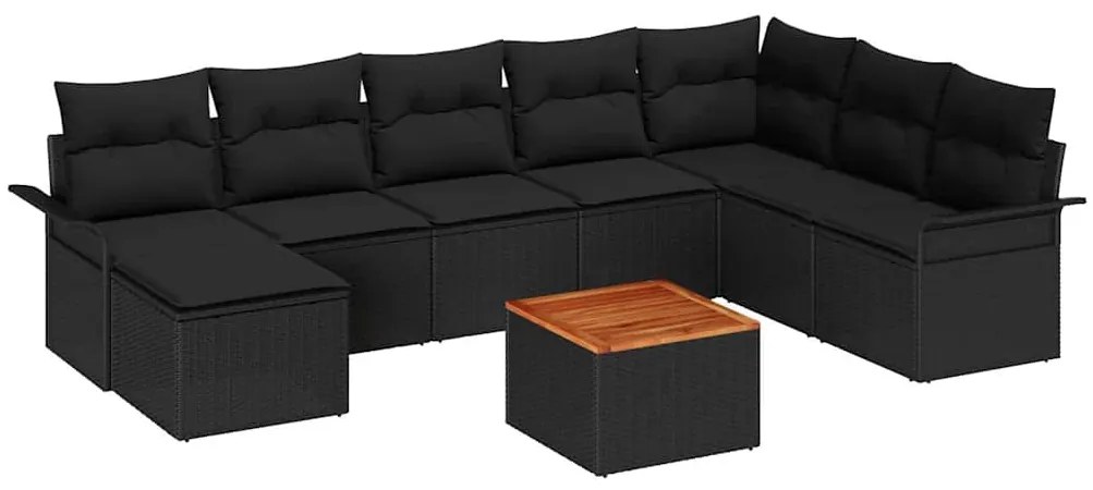 vidaXL Set κήπου 9 τεμαχίων  με μαξιλάρια, μαύρο πολυ-ρατάν.