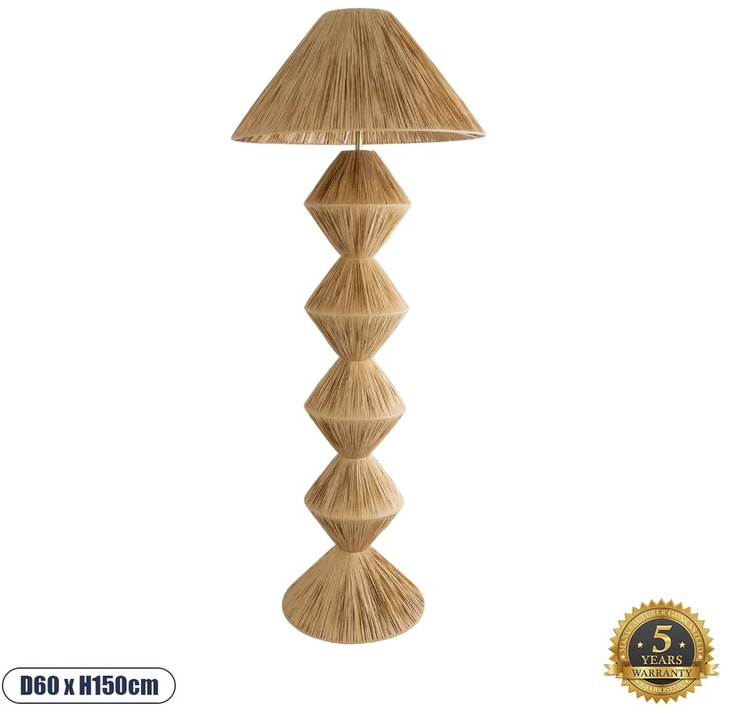 02108 GloboStar®  LUANA 02108 Boho Επιδαπέδιο Φωτιστικό Μονόφωτο 1 x E27 IP20 Μπεζ Raffia - Μ60 x Π60 x Υ150cm