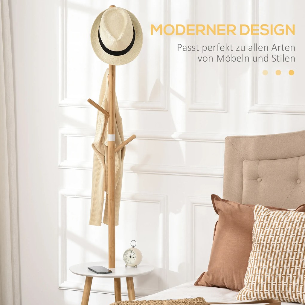 HOMCOM Κρεμάστρα παλτών με βοηθητικό τραπέζι σε σκανδιναβικό στυλ, 5 γάντζοι παλτών, 39,5 cm x 39,5 cm x 171 cm, φυσικό + λευκό