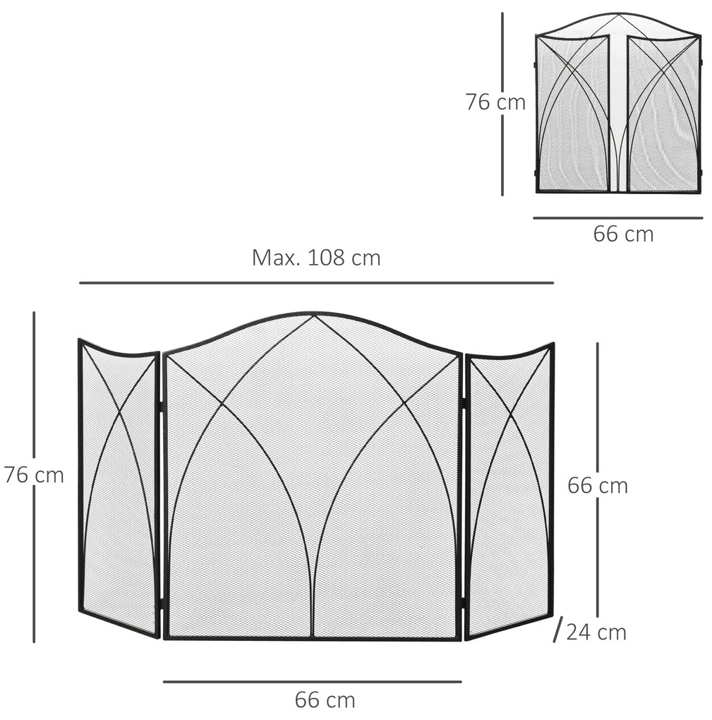 HOMCOM Προστατευτικό τζακιού, τριπλό αναδιπλούμενο, μεταλλική κατασκευή, επίστρωση, 108x2x76 cm, μαύρο