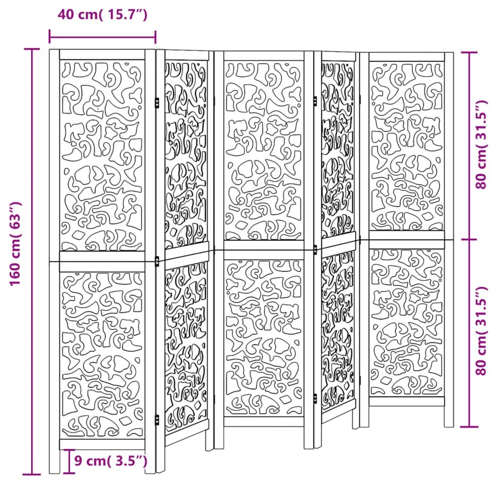 Διαχωριστικό Χώρου με 5 Πάνελ Μαύρο από Μασίφ Ξύλο Παυλώνιας - Μαύρο