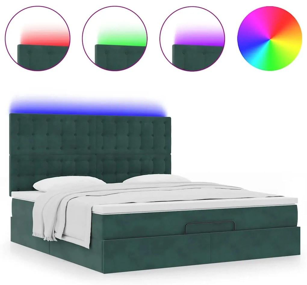 vidaXL Οθωμανικό κρεβάτι με στρώματα&LEDs Dark Green 180x200cm Velvet