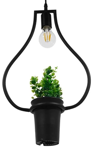 GloboStar FLOWERPOT 10001210 Μοντέρνο Κρεμαστό Φωτιστικό Οροφής Μονόφωτο 1 x E27 Μαύρο Μεταλλικό με Διακοσμητικό Φυτό Φ27 x Y40cm - 10001210