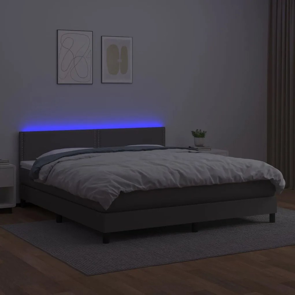 vidaXL Κρεβάτι Boxspring με Στρώμα &amp; LED Γκρι 180x200 εκ. Συνθ. Δέρμα