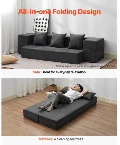 VEVOR Folding Sofa Bed 3-in-1 Foldable Couch Bed with 3 Pillows Dark Grey Twin