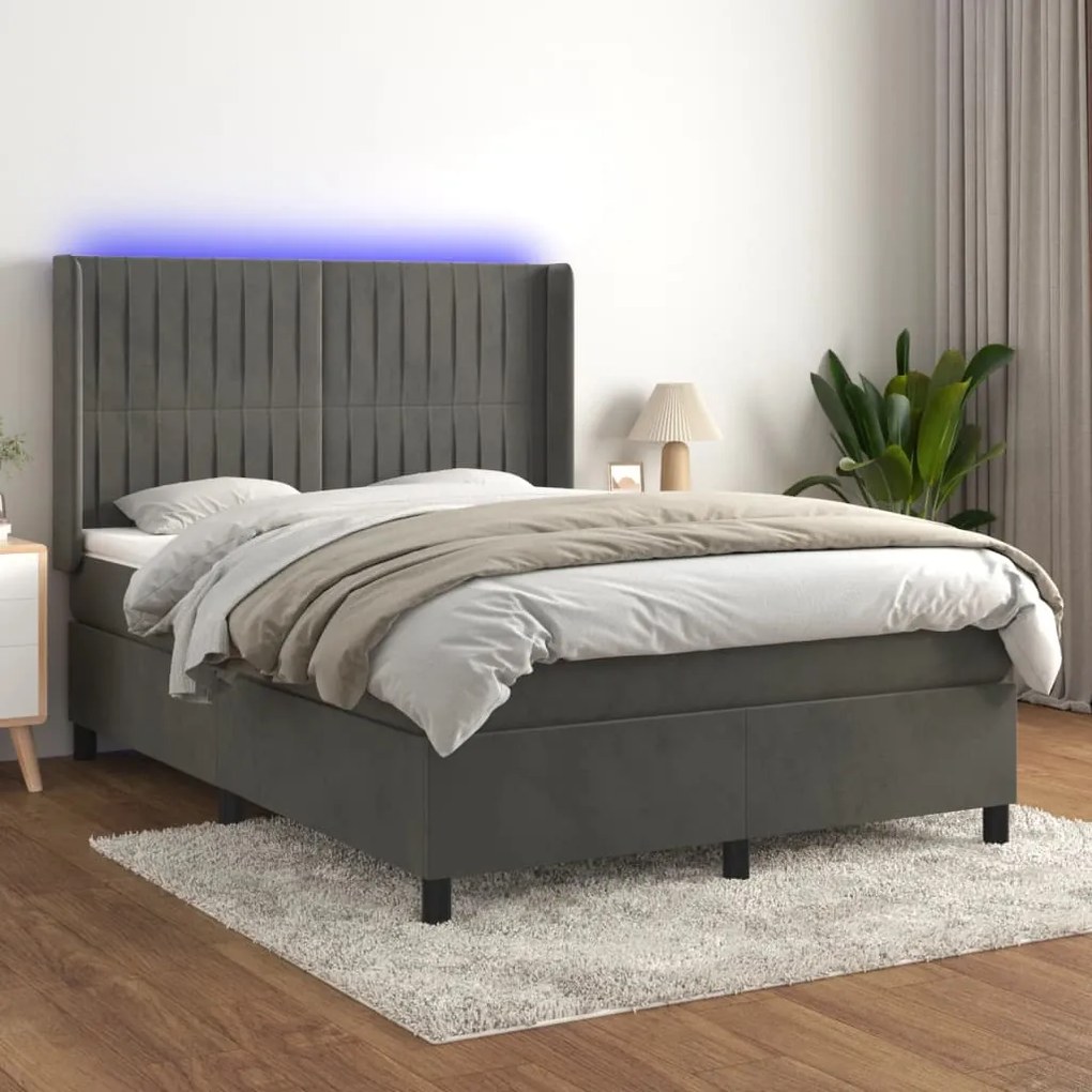 Κρεβάτι Boxspring με Στρώμα &amp; LED Σκ. Γκρι 140x200εκ. Βελούδινο - Γκρι