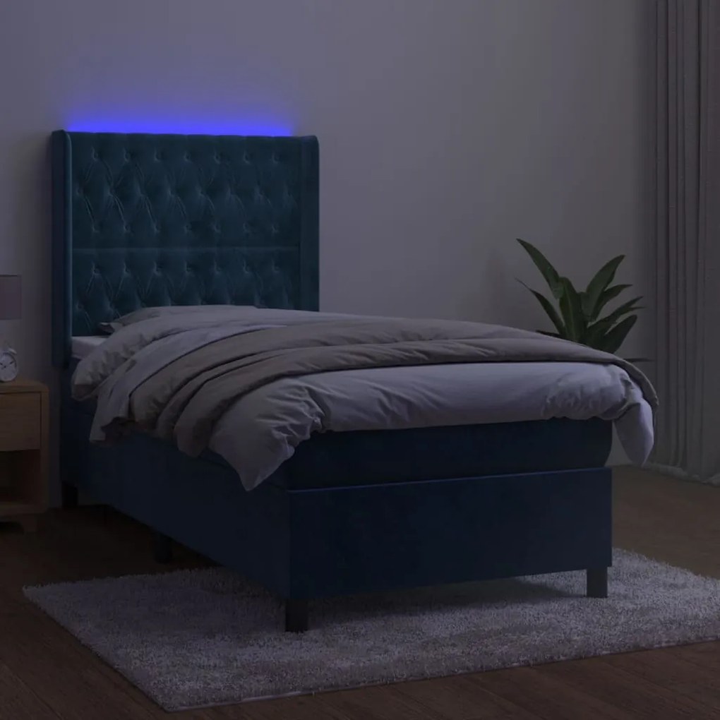 Κρεβάτι Boxspring με Στρώμα &amp; LED Σκ. Μπλε 80x200 εκ. Βελούδινο - Μπλε