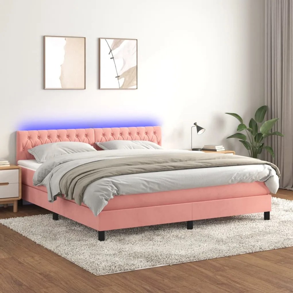 vidaXL Κρεβάτι Boxspring με Στρώμα & LED Ροζ 160x200 εκ. Βελούδινο