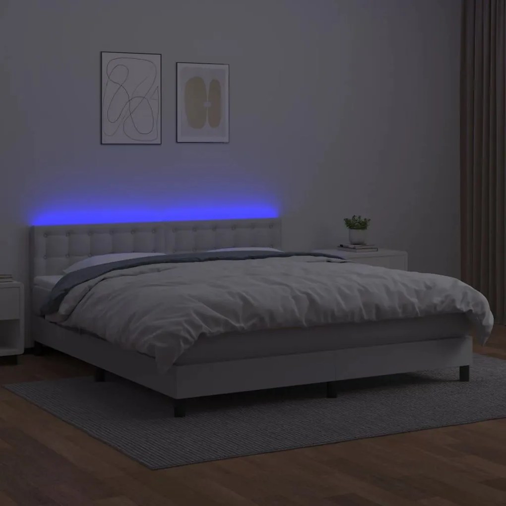 Κρεβάτι Boxspring με Στρώμα &amp; LED Λευκό 160x200 εκ. Συνθ. Δέρμα - Λευκό