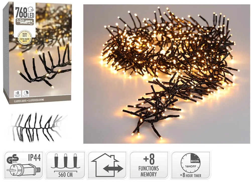 768 Φωτάκια LED - 5.5 Μέτρα + 3 Μέτρα σύνδεσης , Πυκνή Διάταξη, με χειριστήριο, 8 προγράμματα, Μαύρο καλώδιο PVC - Θερμό λευκό