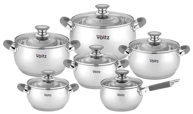 Σετ μαγειρικών σκευών Oliver Voltz OV51210N12, 12h, Induction, Λαβές σιλικόνης, Inox/Γκρι