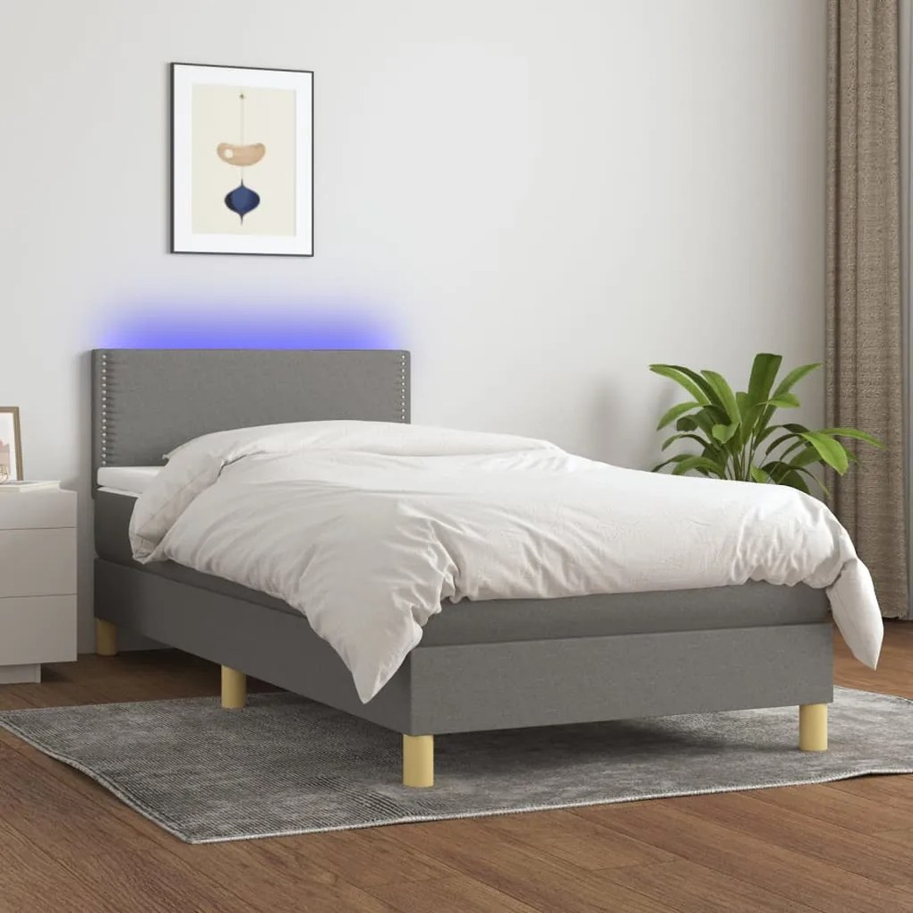 Κρεβάτι Boxspring με Στρώμα &amp; LED Σκ.Γκρι 90x190 εκ. Υφασμάτινο