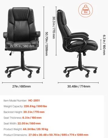 VEVOR Executive Chair High Back Office Chair Knob-Control Lumbar Support Black