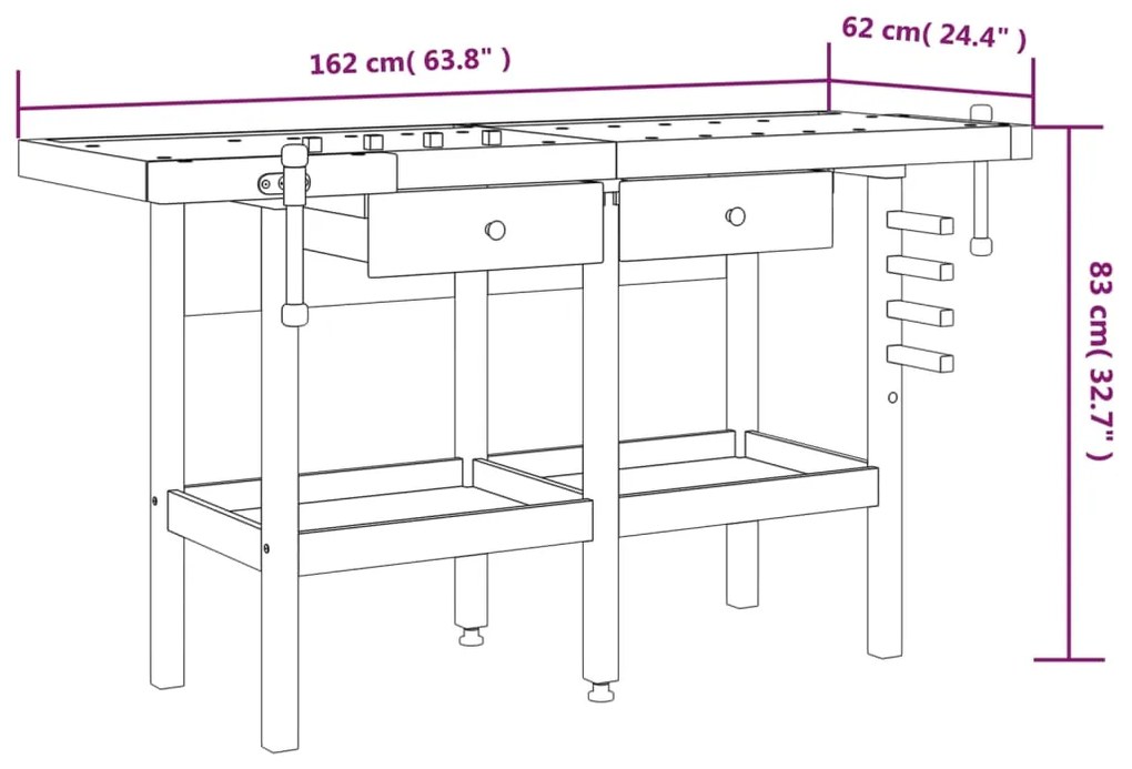 Πάγκος Εργ. Συρτάρια/ Μέγγενες 162x62x83 εκ. Μασίφ Ξύλο Ακακίας - Καφέ