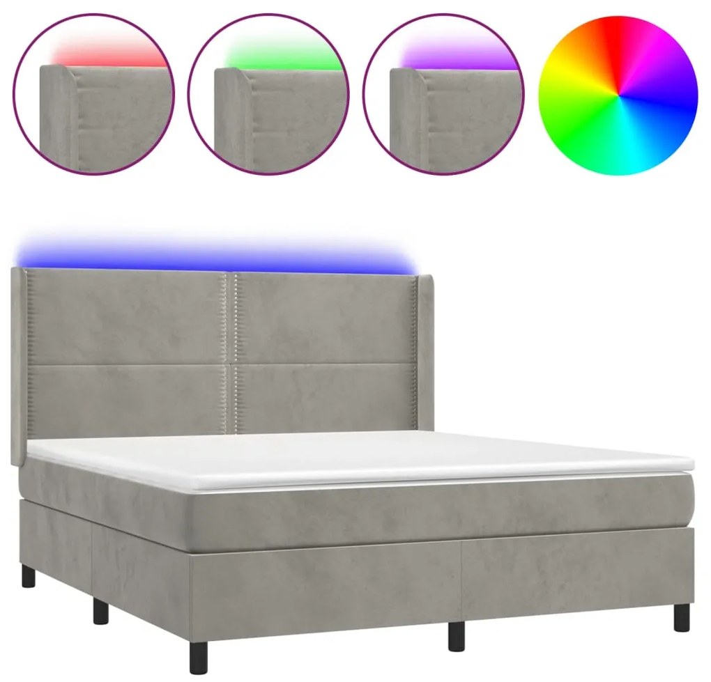 vidaXL Κρεβάτι Boxspring με Στρώμα & LED Αν.Γκρι 180x200 εκ. Βελούδινο