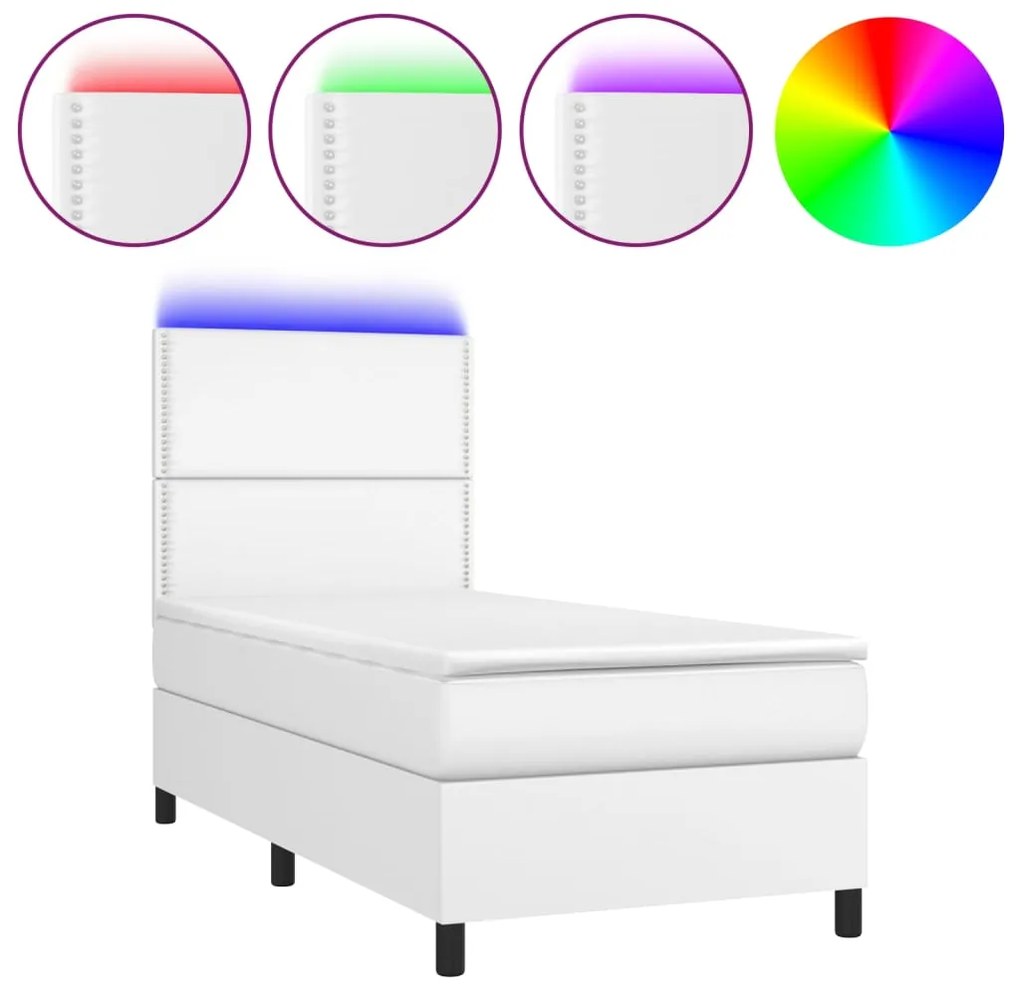 vidaXL Κρεβάτι Boxspring με Στρώμα & LED Λευκό 100x200 εκ. Συνθ. Δέρμα