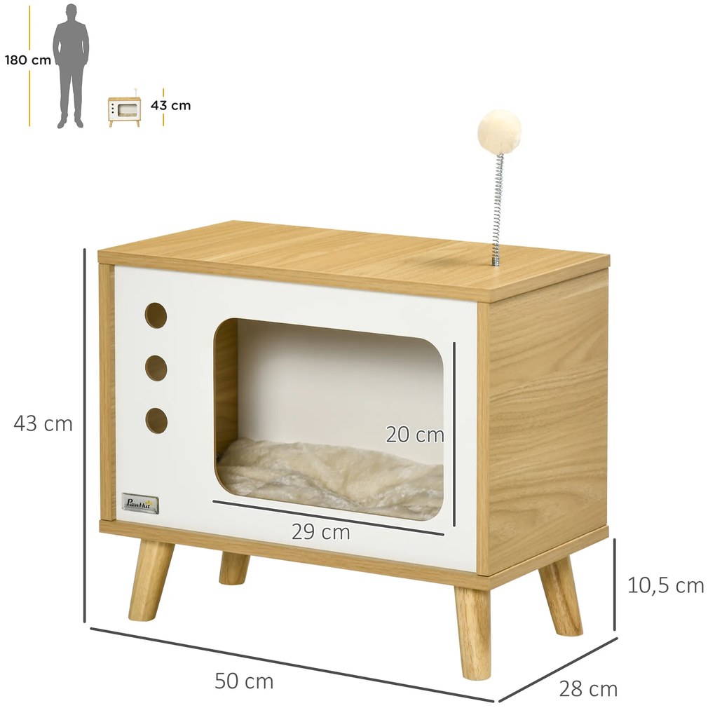 PawHut Σκηνή για γάτες σε σχέδιο τηλεόρασης με παιχνίδι, πλενόμενο μαξιλάρι, 50 cm x 28 cm x 43 cm, Δρυς + Μπεζ + Λευκό