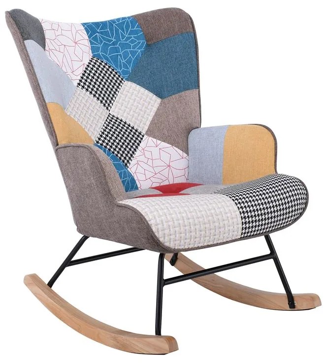 WOODWELL ALMA Rocking Πολυθρόνα Μπερζέρα Καθιστικού, Ύφασμα Patchwork, Βάση Μαύρο-Φυσικό 67x86x92cm Ε7143,4