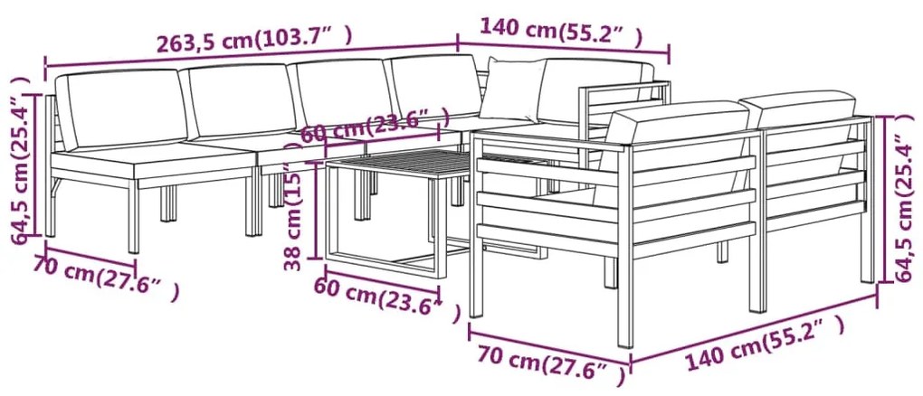 Σαλόνι Κήπου 8 Τεμαχίων Ανθρακί Αλουμινίου με Μαξιλάρια - Ανθρακί