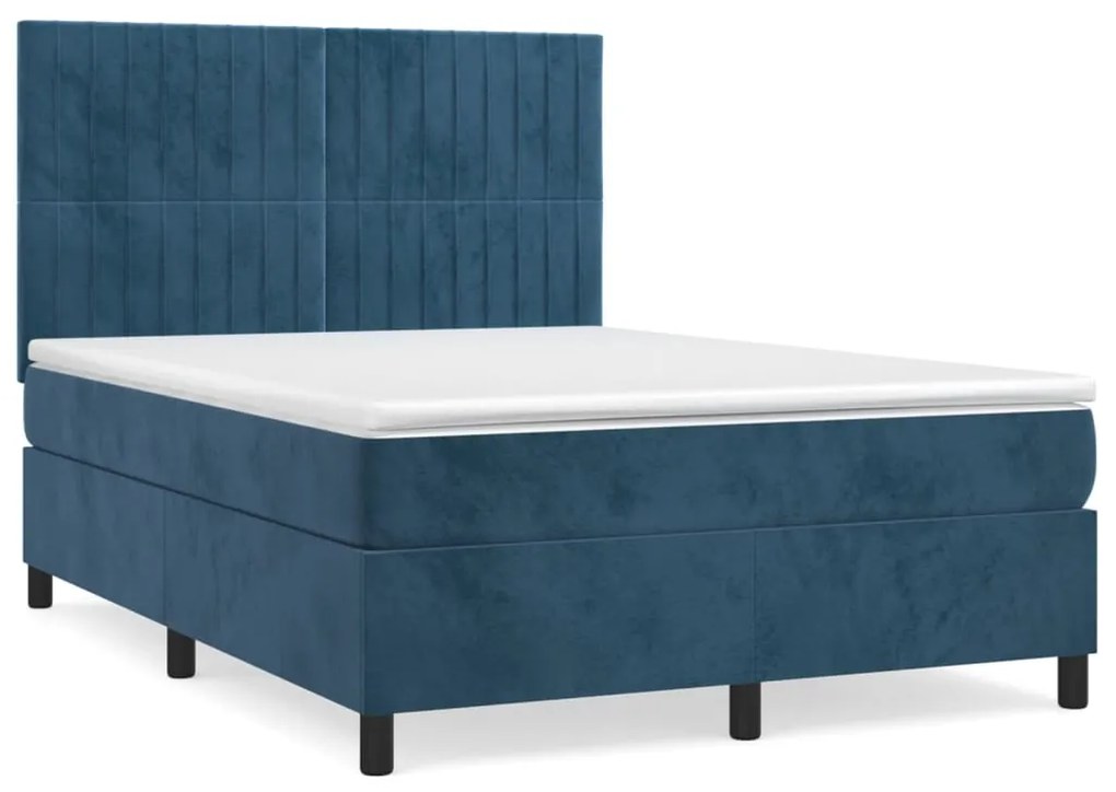 Κρεβάτι Boxspring με Στρώμα Σκούρο Μπλε 140x190 εκ. Βελούδινο - Μπλε