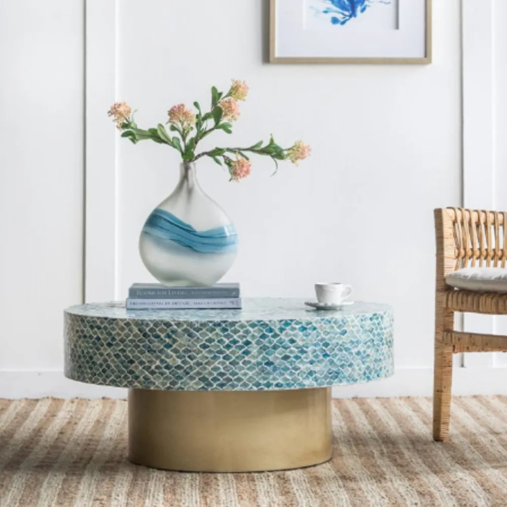 Artekko Ivory Τραπέζι Σαλονιού MDF/Capiz Άσπρο/Γαλάζιο (89x89x41)cm - 78482-BLUE