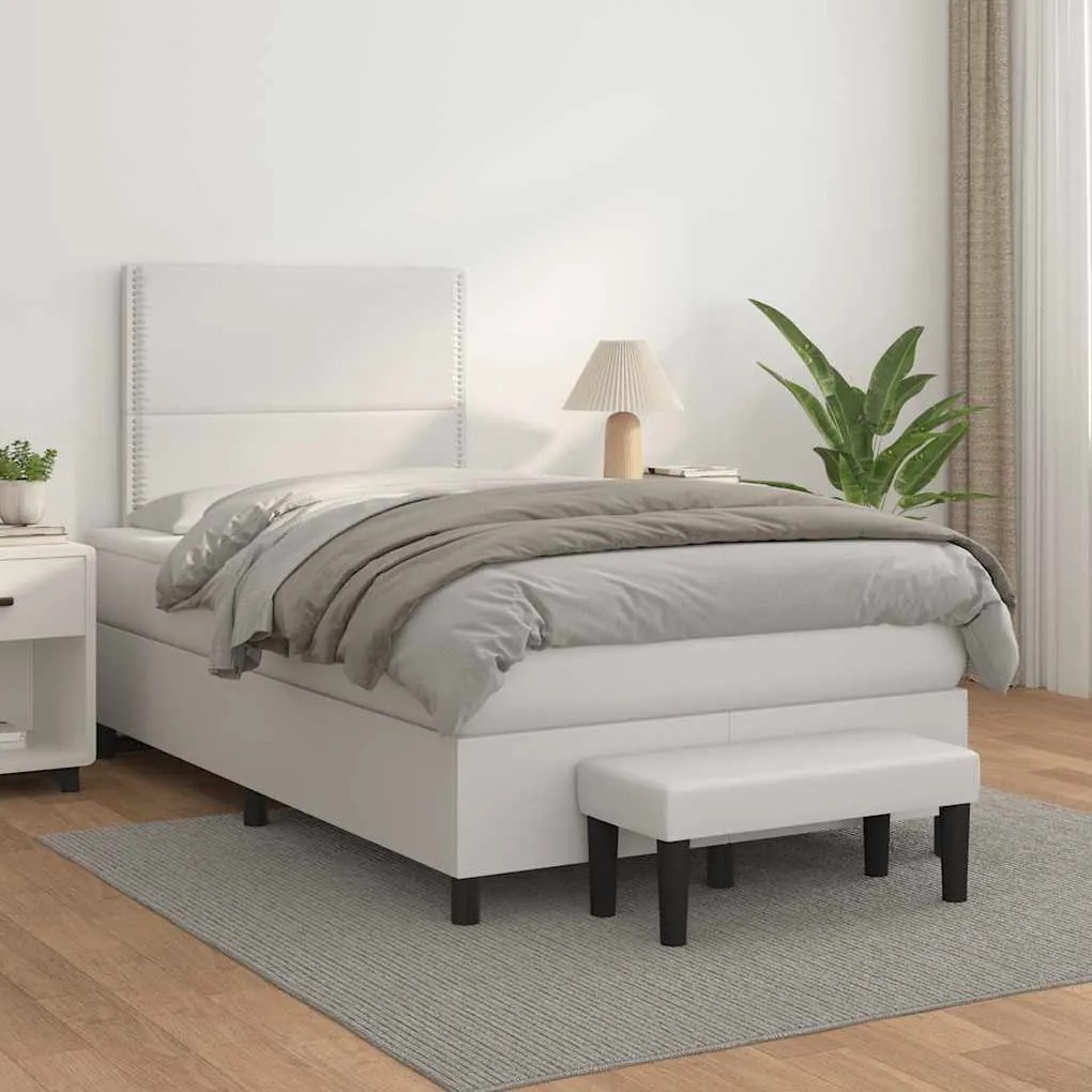 vidaXL Κρεβάτι Boxspring με Στρώμα Λευκό 120x190εκ.από Συνθετικό Δέρμα