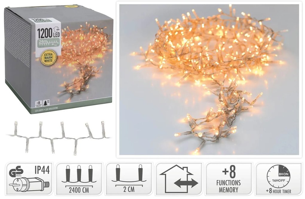 1200 Φωτάκια LED - 24 Μέτρα + 3 Μέτρα σύνδεσης, Κανονική Διάταξη, με χειριστήριο, 8 προγράμματα, Διάφανο καλώδιο PVC - Extra Θερμό Λευκό