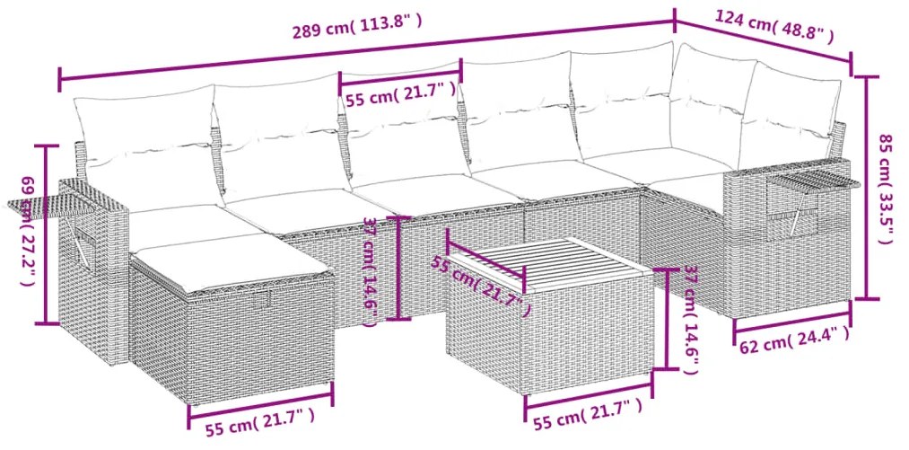 vidaXL Σαλόνι Κήπου Σετ 8 Τεμαχίων Γκρι Συνθετικό Ρατάν με Μαξιλάρια