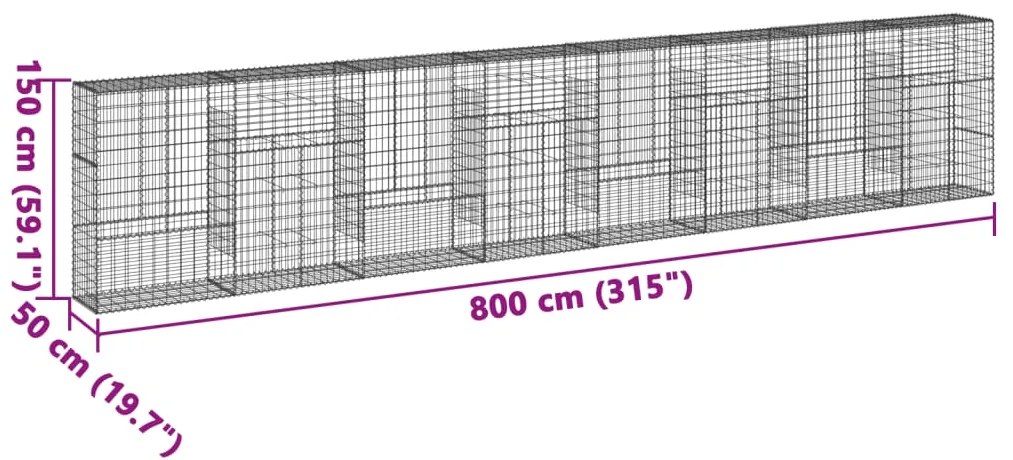 Συρματοκιβώτιο με Κάλυμμα 800x50x150εκ. από Γαλβανισμένο Χάλυβα - Ασήμι