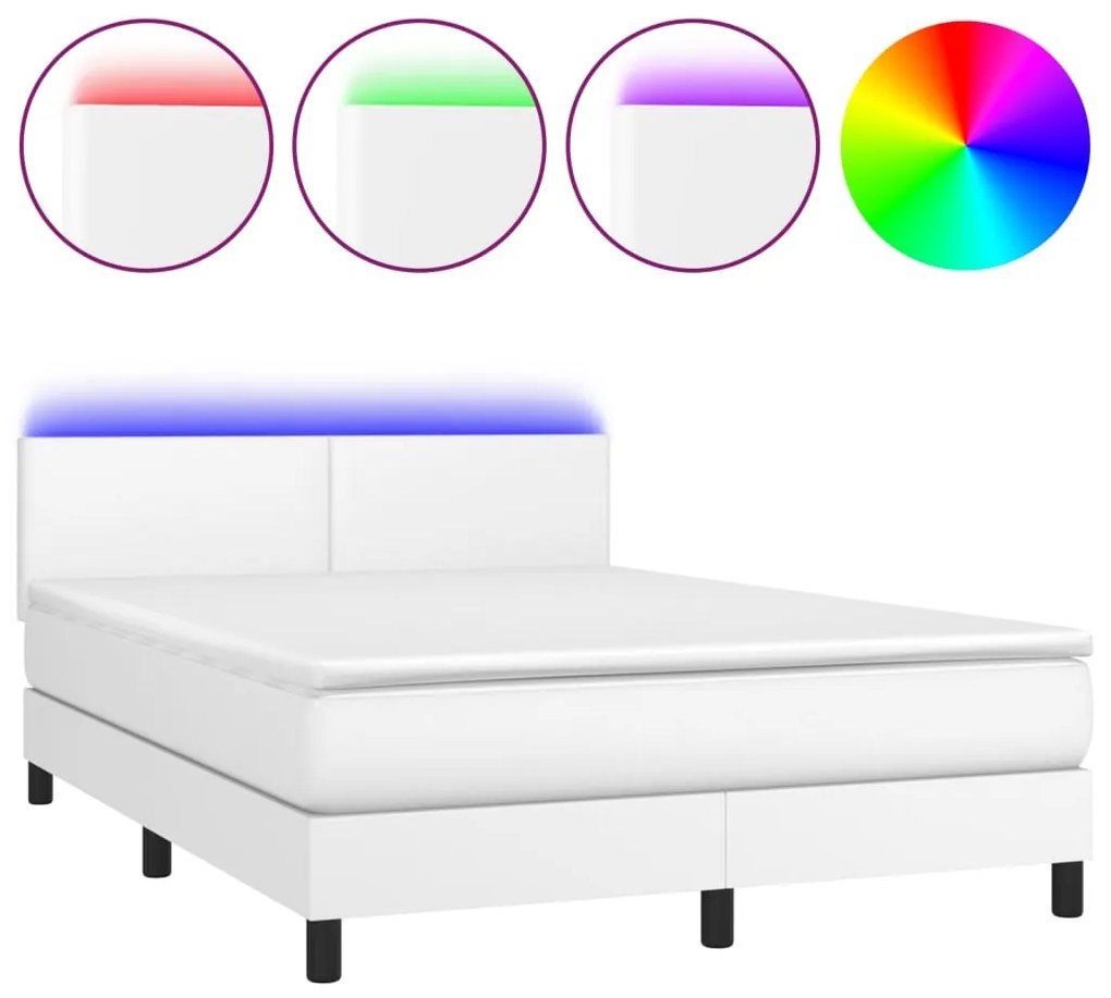 Κρεβάτι Boxspring με Στρώμα &amp; LED Λευκό 140x190 εκ. Συνθ. Δέρμα - Λευκό