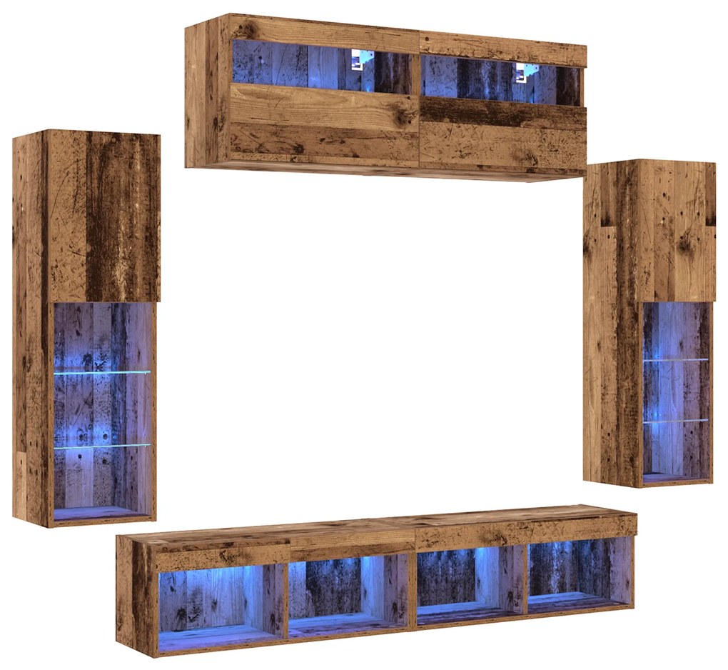 vidaXL Σετ 8 Επιτοίχιων Μονάδων TV με LED Παλαιό Ξύλο Επεξεργασμένο Ξύλο