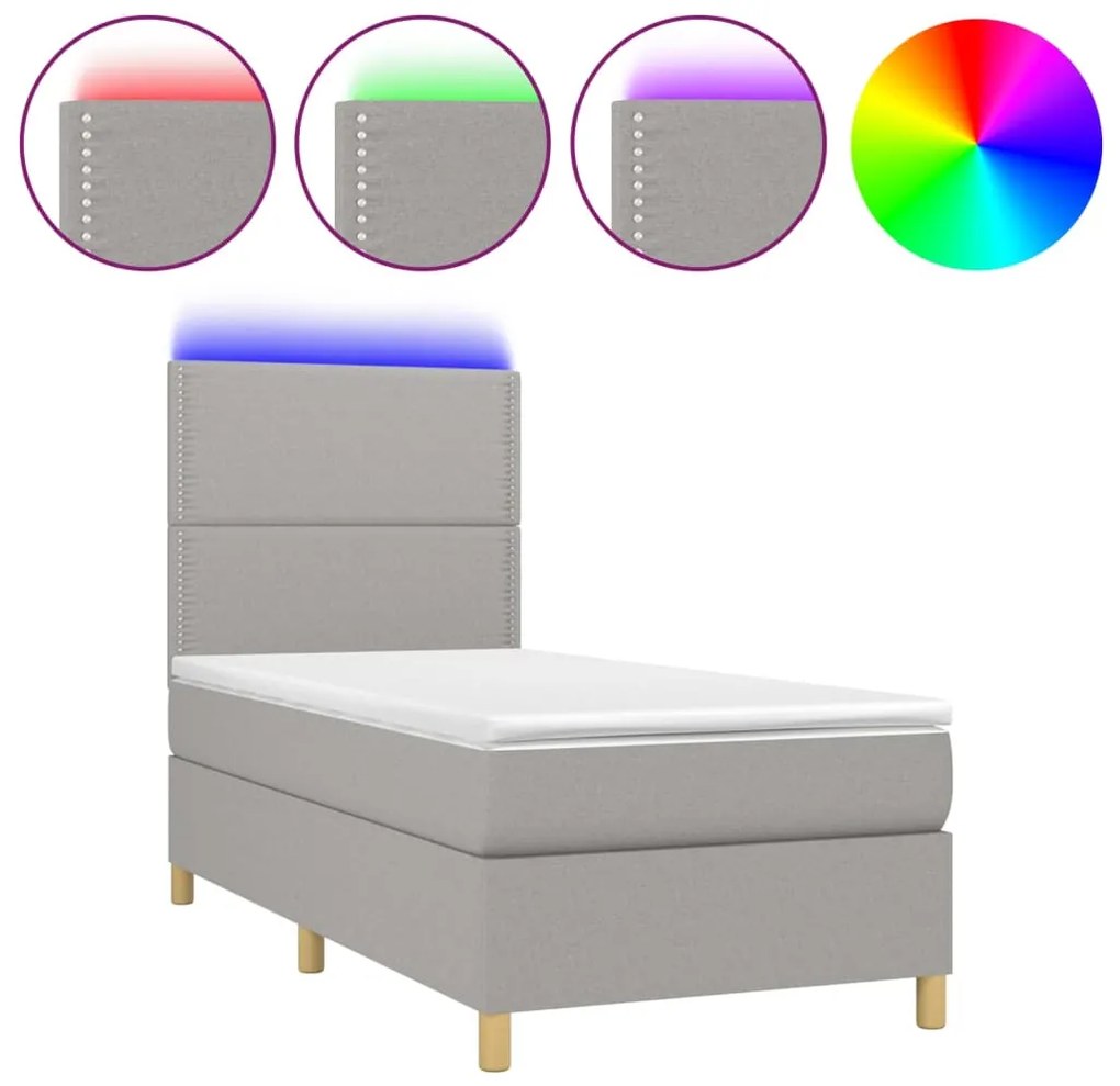 vidaXL Κρεβάτι Boxspring με Στρώμα &amp; LED Αν.Γκρι 90x190 εκ. Υφασμάτινο