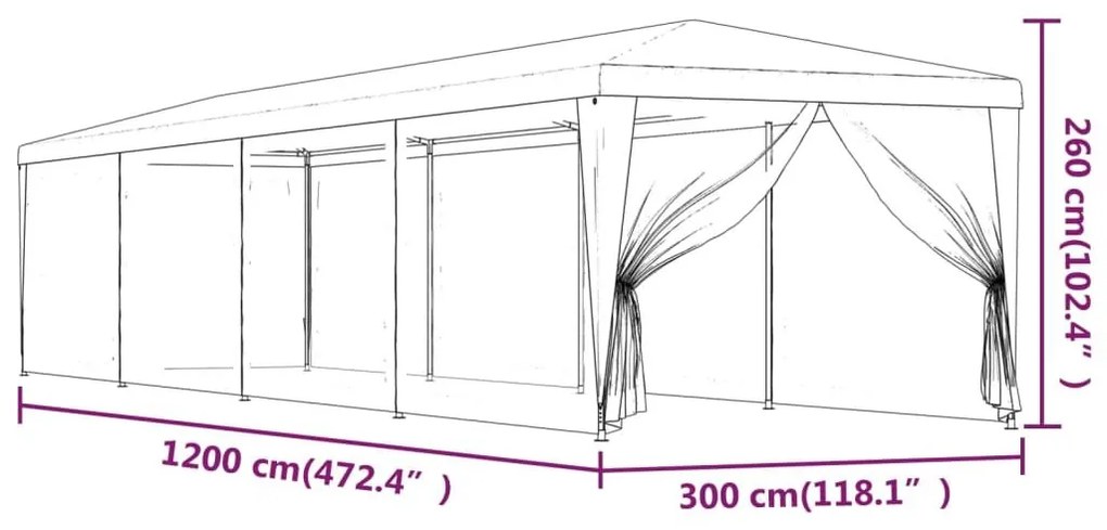 Τέντα Εκδηλώσεων με 10 Τοιχώματα με Δίχτυ Κόκκινη 3x12 μ. HDPE - Κόκκινο