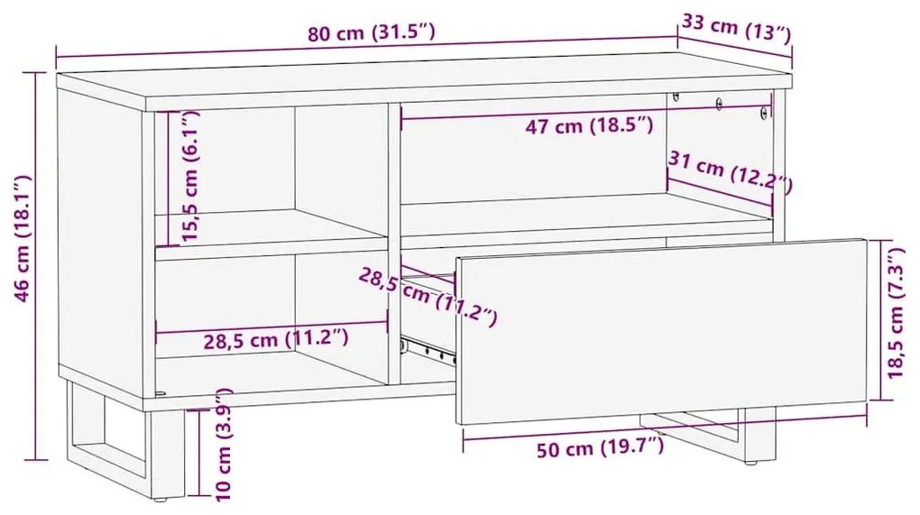 Έπιπλο Τηλεόρασης Μαύρο 80 x 33 x 46 εκ. από Μασίφ Ξύλο Μάνγκο - Μαύρο