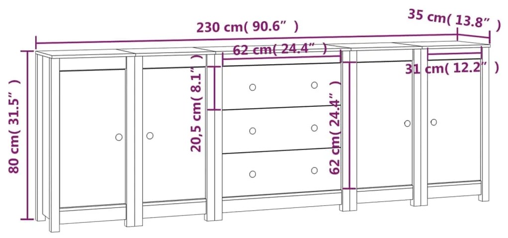 Συρταριέρα Λευκή 230x35x80 εκ. από Μασίφ Ξύλο Πεύκου - Λευκό