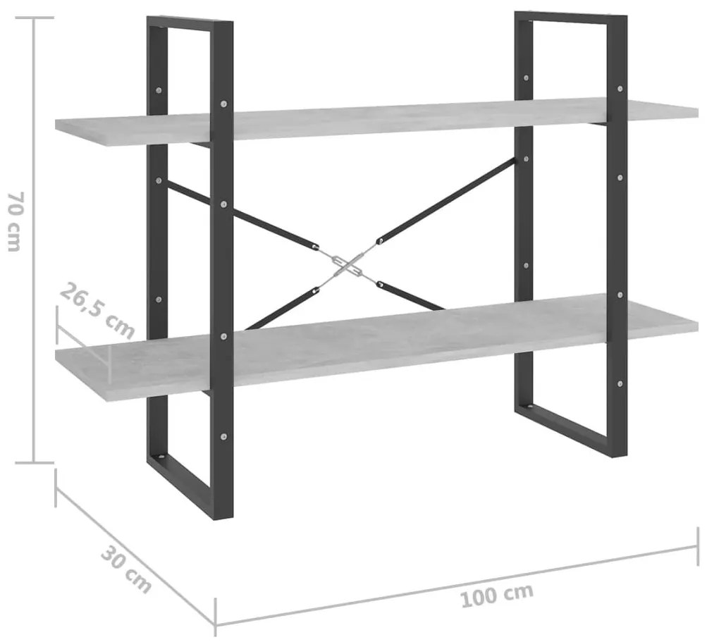 Βιβλιοθήκη με 2 Ράφια Γκρι Σκυροδέματος 100x30x70εκ Επεξ. Ξύλο - Γκρι