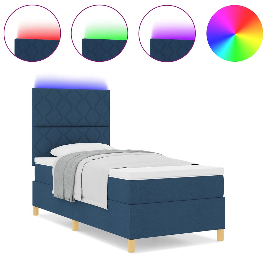 vidaXL Κρεβάτι Box Spring με Στρώμα & LED Μπλε 90x190 εκ. Ύφασμα