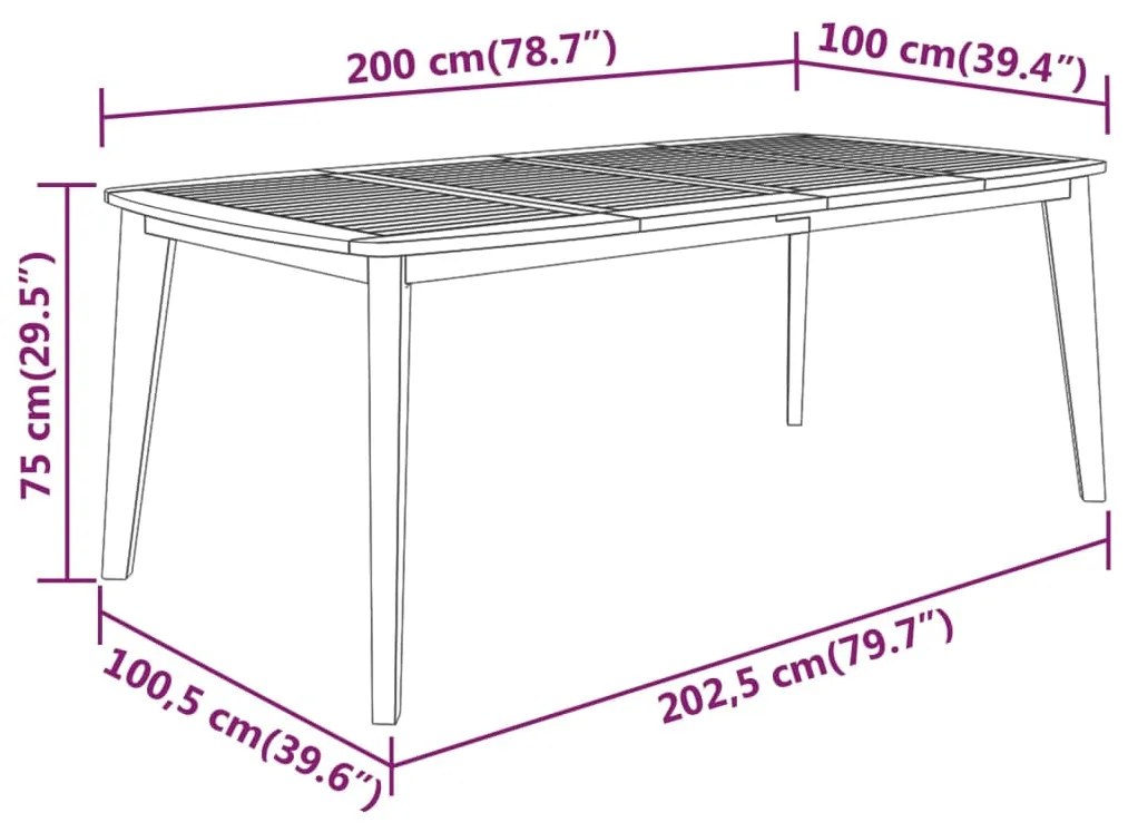 vidaXL Τραπέζι Κήπου 200 x 100 x 75 εκ. από Μασίφ Ξύλο Ακακίας