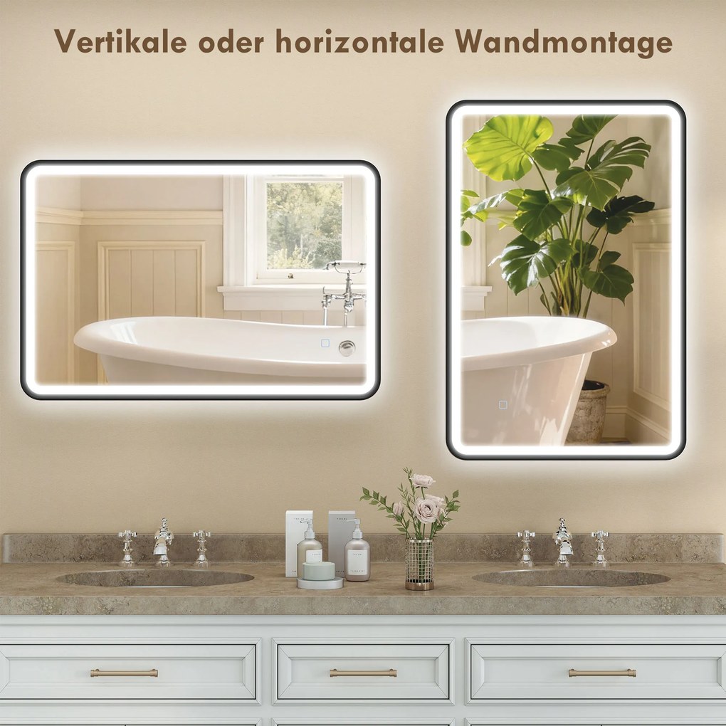 Καθρέφτης μπάνιου LED 90 x 60 cm, φώτα, 3 χρώματα, με δυνατότητα ρύθμισης φωτεινότητας, λειτουργία μνήμης, οριζόντια και κάθετη, μαύρο