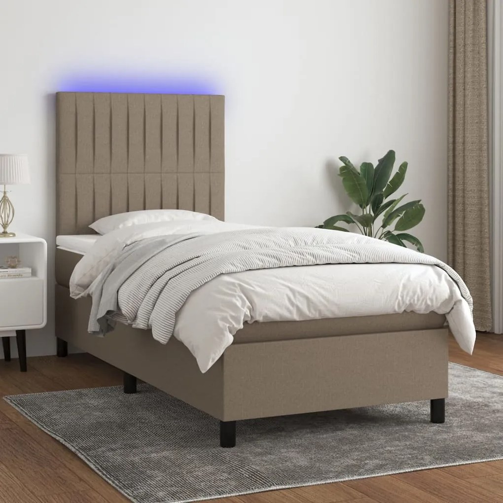 Κρεβάτι Boxspring με Στρώμα &amp; LED Taupe 90x200 εκ. Υφασμάτινο