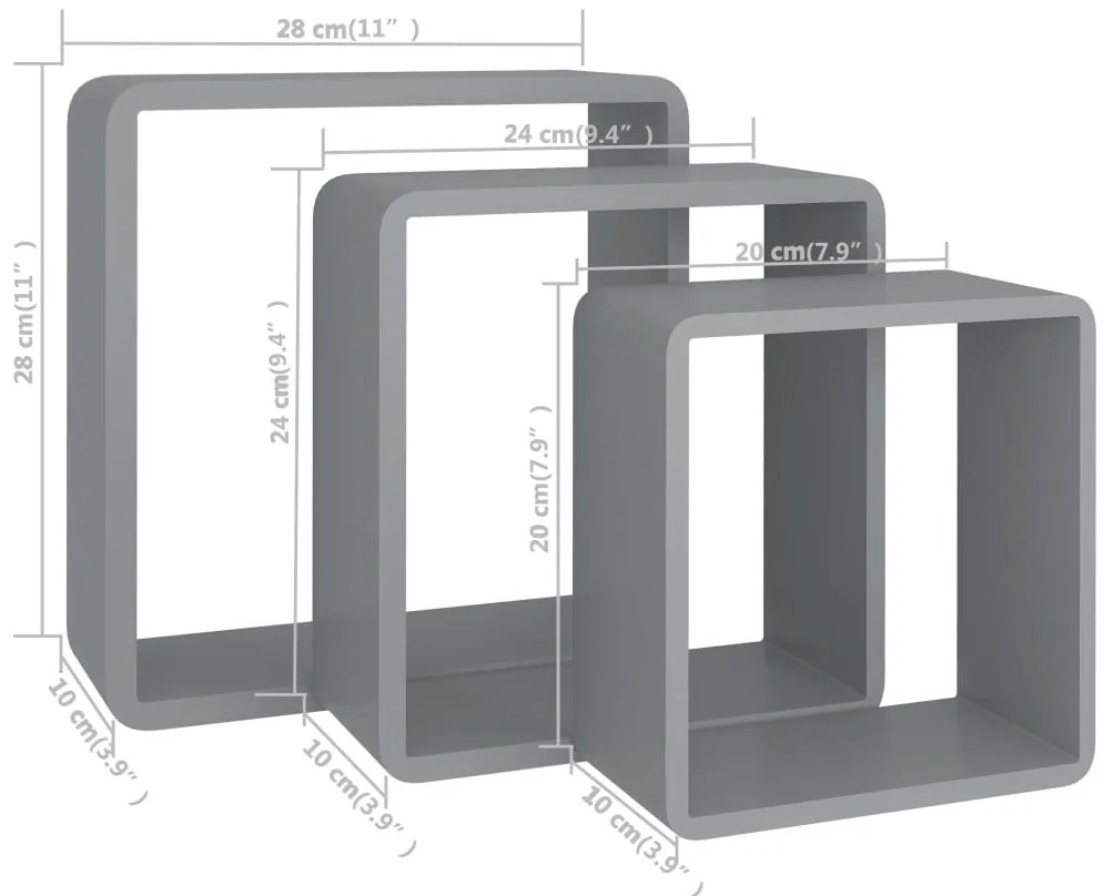 Ράφια Κύβοι Τοίχου 3 τεμ. Γκρι από MDF - Γκρι
