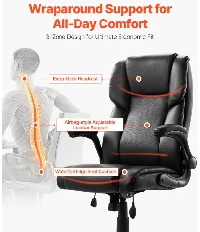 VEVOR Executive Chair High Back Desk Chair Flip-up Armrests Lumbar Support Black