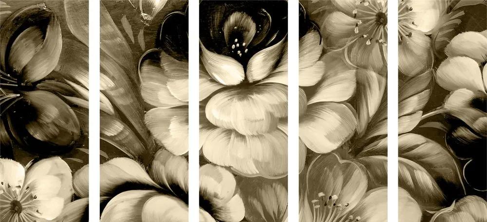 Εικόνα 5 μερών ιμπρεσιονιστικός κόσμος λουλουδιών σε σχέδιο σέπια - 200x100