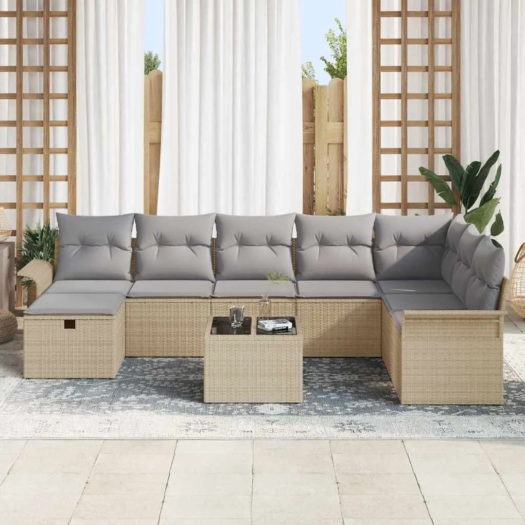 vidaXL Σετ Καναπέ Κήπου με μαξιλάρι 9 pcs μπεζ και ανοιχτό γκρι
